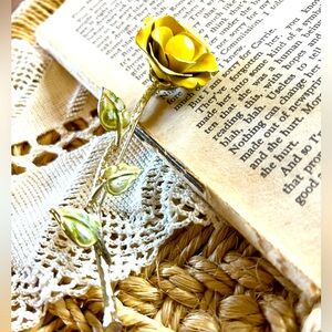 Vintage Yellow Rose Long Stem Flower Pin Brooch